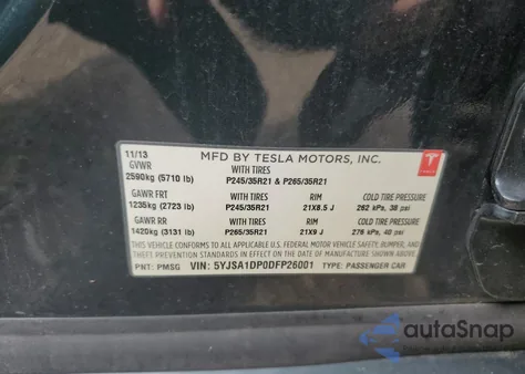2013 Tesla Model S z USA, uszkodzony, nr VIN 5YJSA1DP0DFP26001